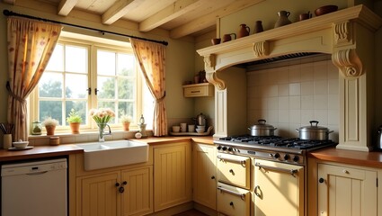 Cozy cottage kitchen with floral curtains and vintage oven.
