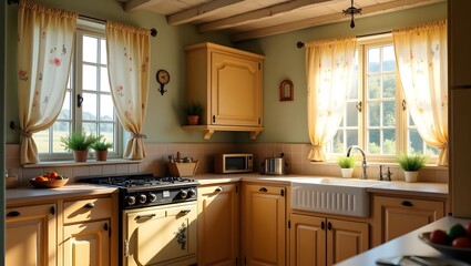 Cozy cottage kitchen with floral curtains and vintage oven.