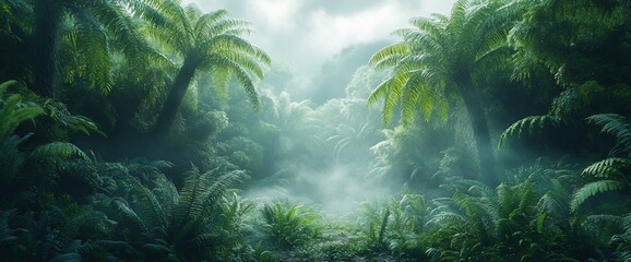 Lush tropical forest landscape with mist weaving through vibrant greenery