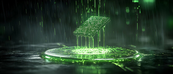 A futuristic rendering depicts a glowing data chip in the rain. Could be used to illustrate technology concepts or digital transformation. A cool image.