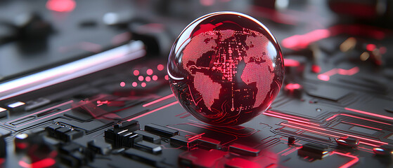 A futuristic digital globe glows red. It's set on a circuit board suggesting global interconnectedness. It could represent data visualization or network concepts.