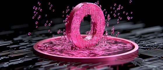 A glowing pink O-shaped object with circuit board textures is shown on a circular base. It appears to be splashing creating a futuristic digital effect.