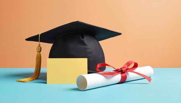 Graduation cap and diploma on teal background with orange accents  
