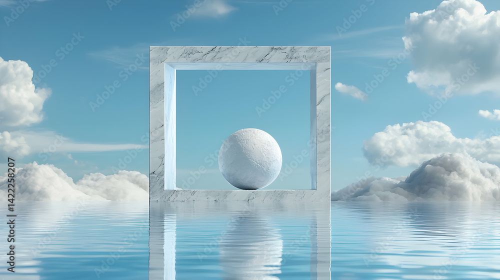Aufkleber a surreal landscape featuring a marble frame a textured sphere and reflective water. it suggests tra