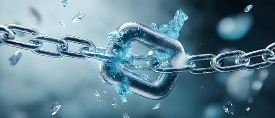 A chain is breaking representing freedom or overcoming limitations. Suitable for illustrating resilience strength or liberation. The image conveys a sense of breaking free.