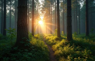 Fototapeta premium Boreal coniferous forest in Estonia during beautiful evening. Sun rays through trees, path leads into woods. Lush green environment, summer light, outdoor hiking, nature background.