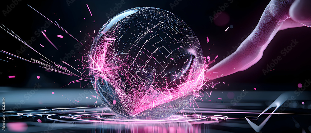 Aufkleber a futuristic digital art piece. a glowing sphere with interconnected lines and a finger touching it.