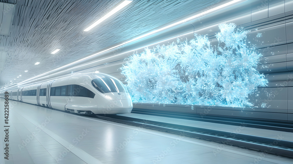 Aufkleber a futuristic high-speed train travels through a luminous tunnel. it appears to be encountering an et