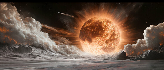 Epic cosmic scene featuring a fiery planet amid swirling clouds and a desolate landscape. Perfect for sci-fi book covers or fantasy art displays.