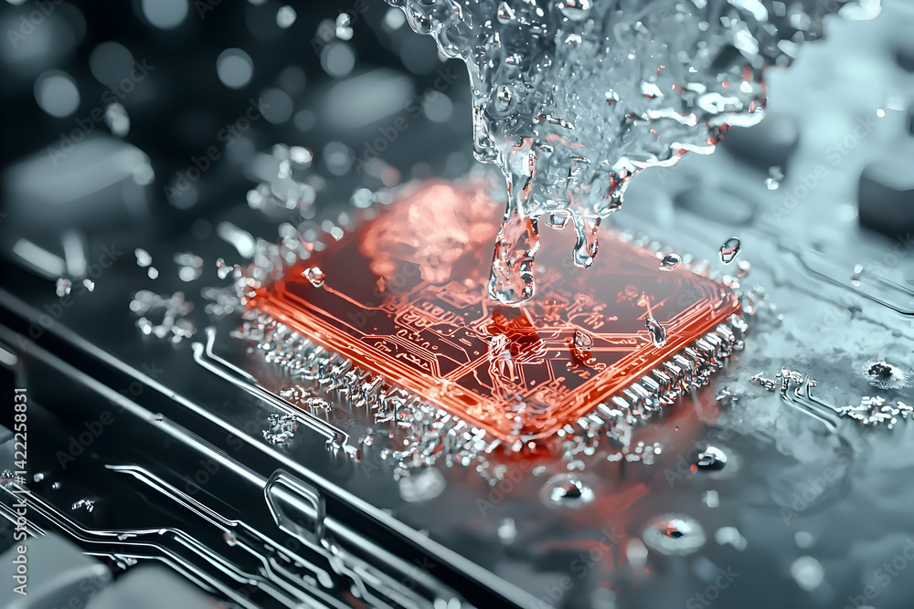 Poster a cpu being cooled by water droplets. could be used to show the impact of liquid cooling on sensitiv