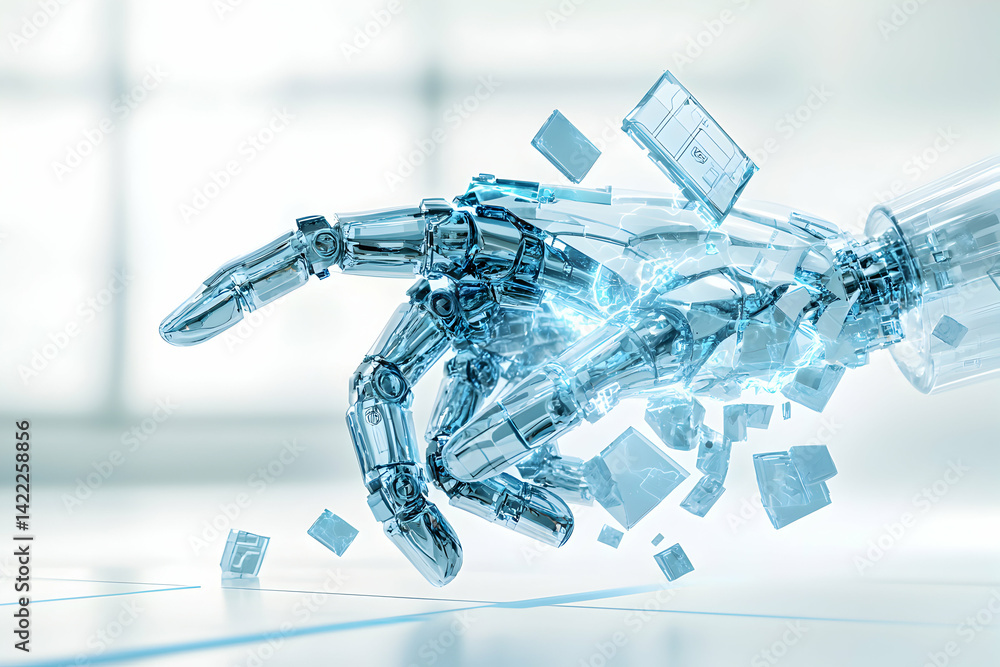 Aufkleber futuristic robot hand emitting energy and fragmenting its crystalline structure. suggests artificial