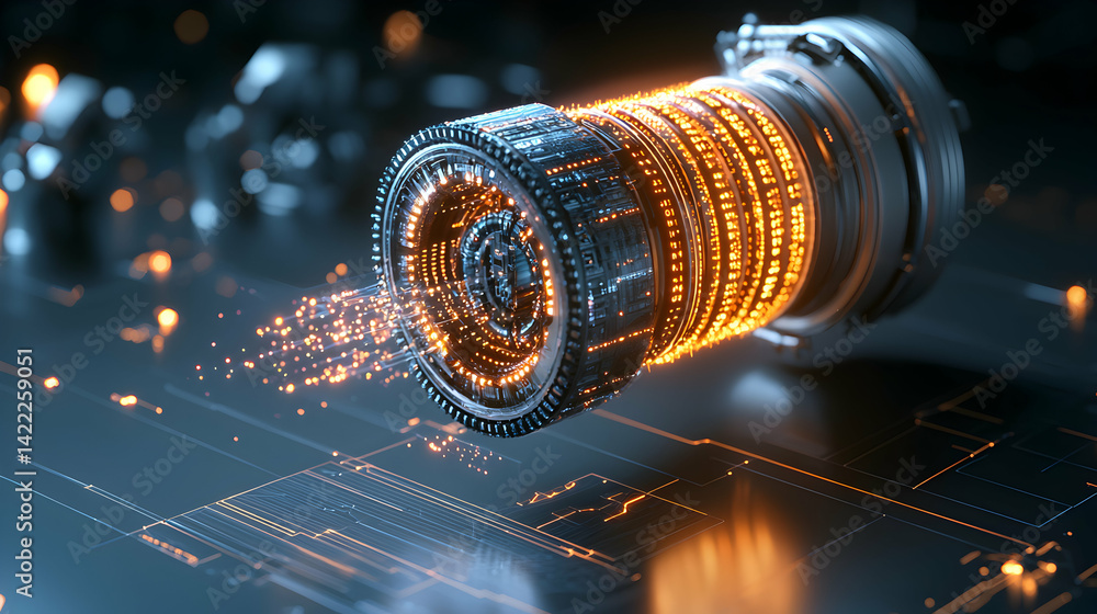 Poster futuristic digital device with glowing circuits. suggests advanced technology or data processing app