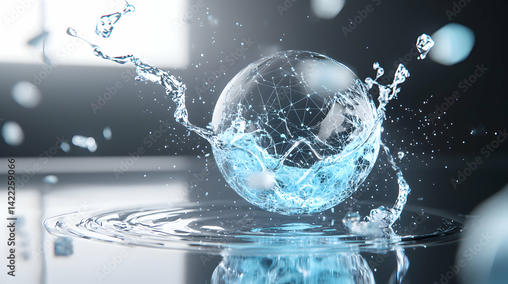 Poster an artistic digital illustration of water splashing and forming a globe shape with network lines ins