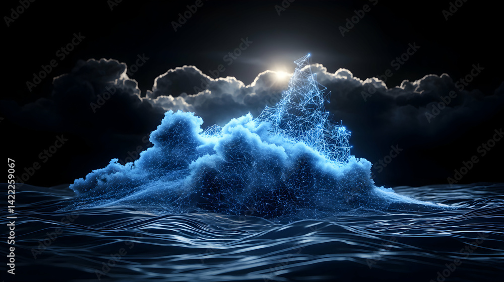 Aufkleber a digital ocean scene with glowing lines forming a wave under a dramatic sky. suitable for science f