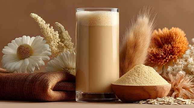 Oat milk in a glass with oat grains beside and clean minimalist setup