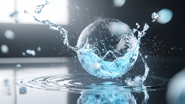 An artistic digital illustration of water splashing and forming a globe shape with network lines inside. Suggests innovation or technology.
