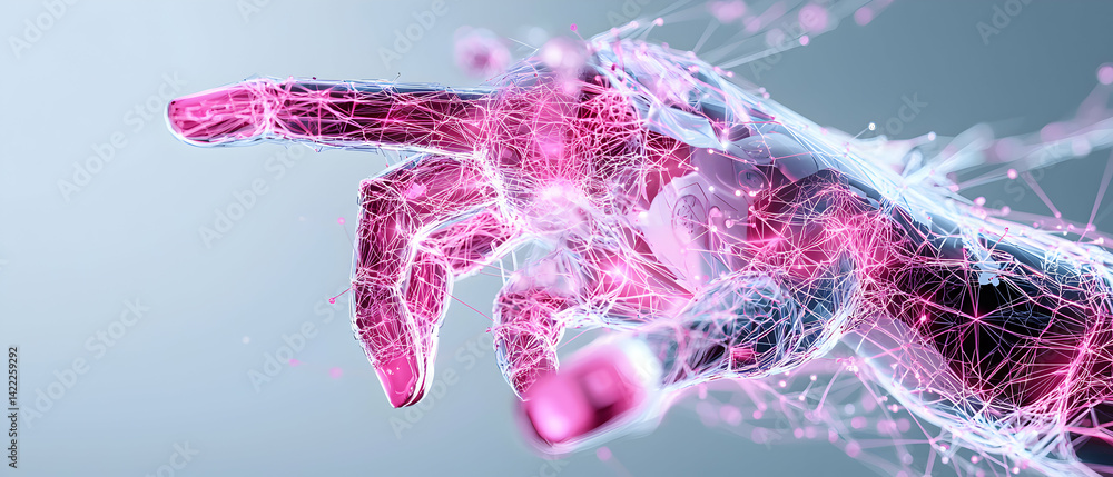 Poster a digital artwork showing a robotic hand interwoven with glowing pink lines representing technology 