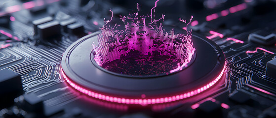 Digital circuit board with glowing pink elements. Suitable for tech presentations or website backgrounds. Showcases modern technology and data visualization.