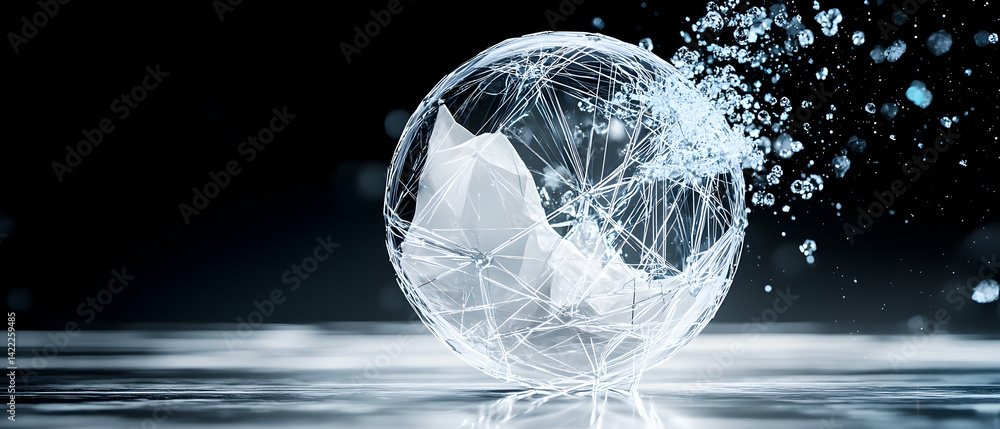 Poster a futuristic orb shatters revealing its components. perfect for tech presentations or conceptual art