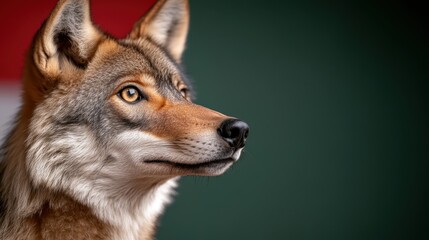 Fototapeta premium A striking close-up of a wolf showcasing its intense gaze, with a blurred vibrant background that highlights the animal's beauty and sharp features brilliantly.