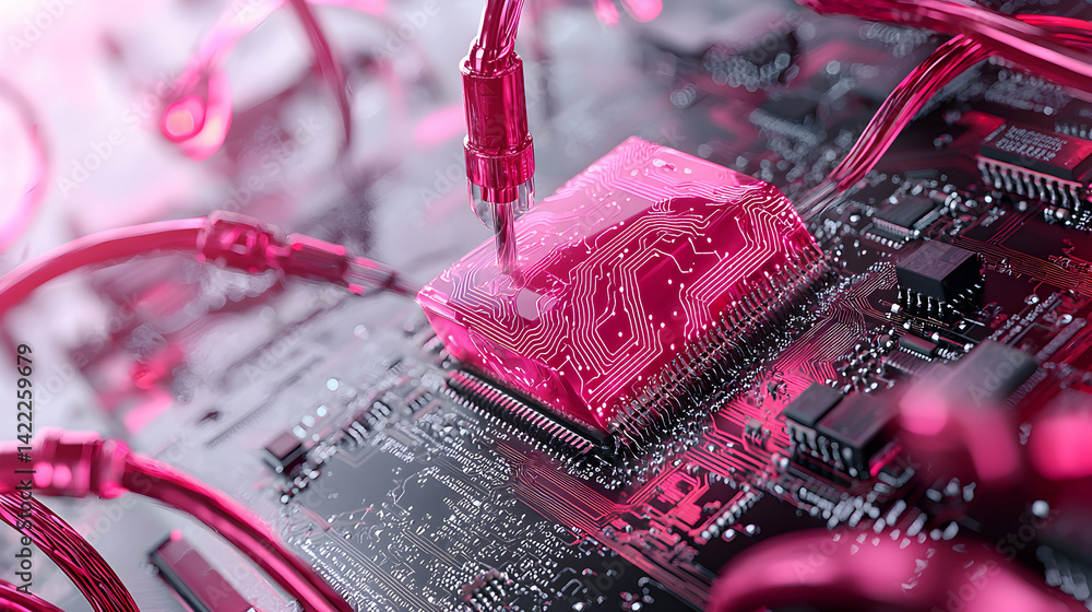 Poster an artistic rendering of a computer motherboard with glowing pink accents and a central processor un