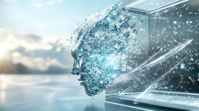 A digital head morphs disintegrates with crystalline shards. Represents AI innovation data transformation or digital consciousness. Use for tech articles presentations or futuristic designs.