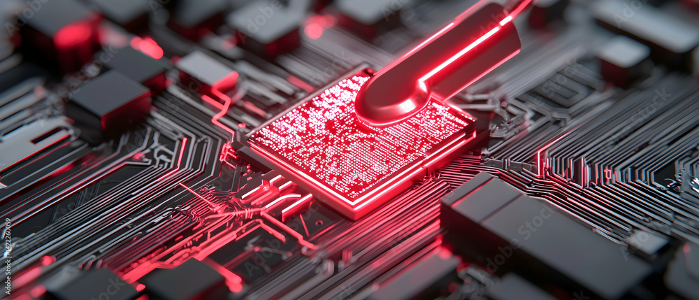 Aufkleber high tech image showing a glowing red circuit board. suitable for tech articles websites or marketin