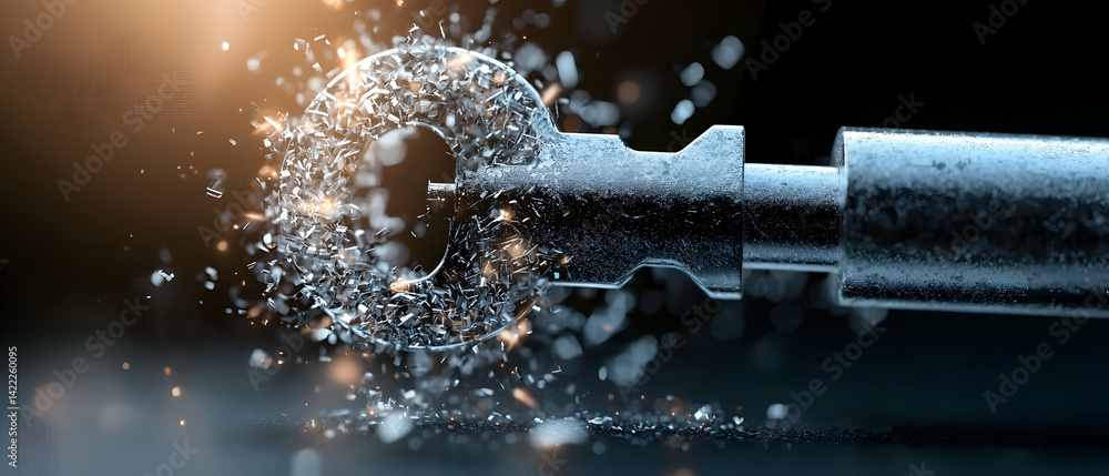 Poster a key breaks apart revealing the concept of security or access being compromised. use for security a