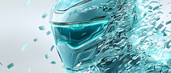 Futuristic helmet disintegrating. Great for sci-fi book covers game art or digital designs. Visualize technological evolution and destruction for impactful visuals.