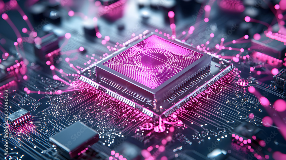Poster an image showcases a close-up of a computer processor with intricate circuits glowing in purple. it 