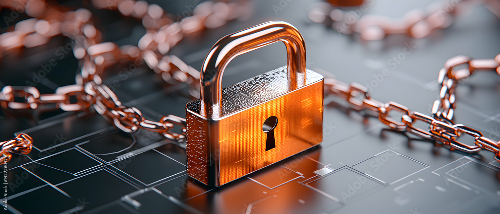 Poster image depicts a padlock and chain suggesting security. perfect for websites or presentations focused