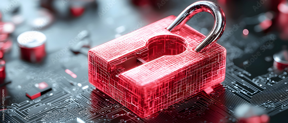 Poster a digital security concept with a red glowing padlock over a circuit board symbolizing data protecti