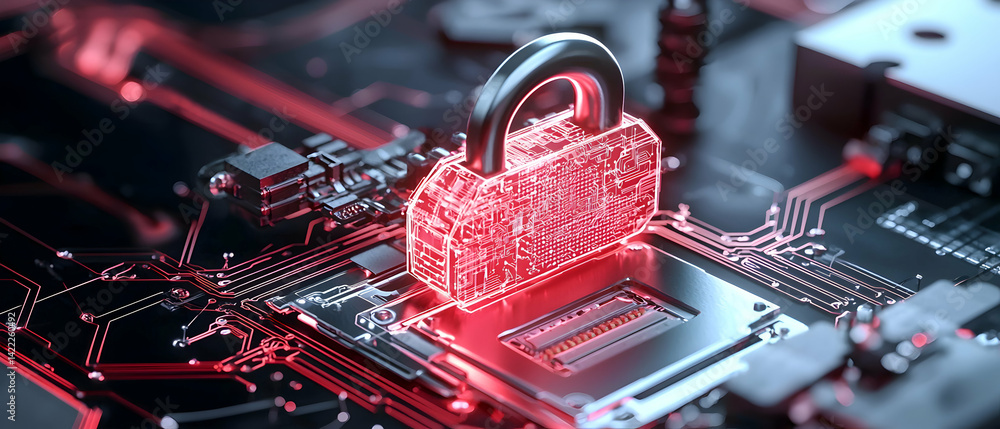 Poster a digital padlock illustration on a circuit board symbolizing cybersecurity. it suggests data protec