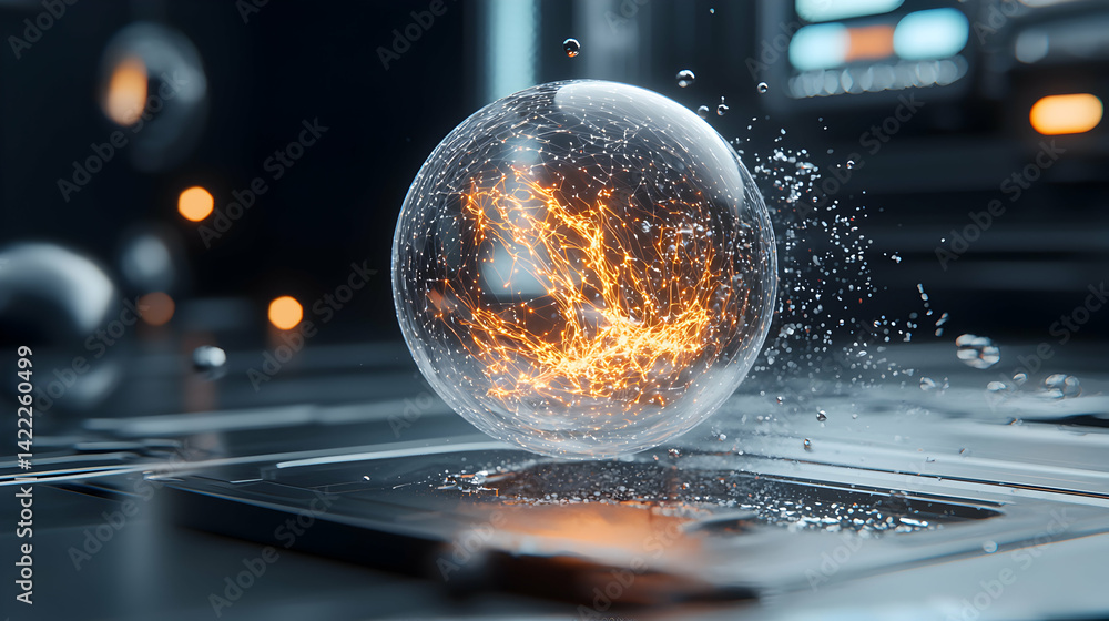 Poster a glowing energy sphere sits on a futuristic platform. it seems to be a data core or a source of adv