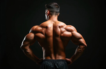 Muscular bodybuilder man stands in studio with black background. Back view of sporty athlete shows strong muscle relief, back muscles, biceps, triceps. Healthy lifestyle, fitness, sport training.