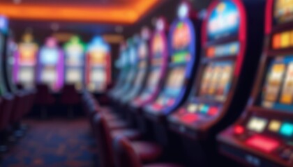 Blurred casino interior with vibrant slot machines. Colourful lights create dynamic visual. Image perfect for game of chance visuals, night entertainment, gambling, luck and fortune themes.