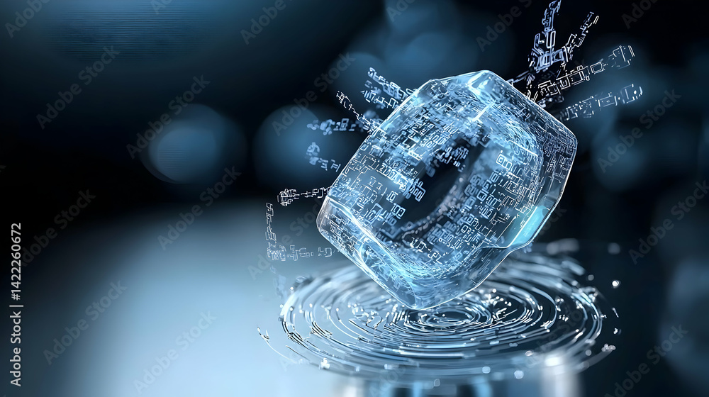 Aufkleber futuristic abstract digital art piece depicting a glowing translucent data cube hovering above swirl