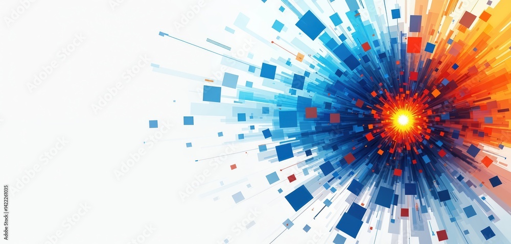 Aufkleber abstract illustration of explosion of blue, orange squares emanating from center. dynamic geometric 