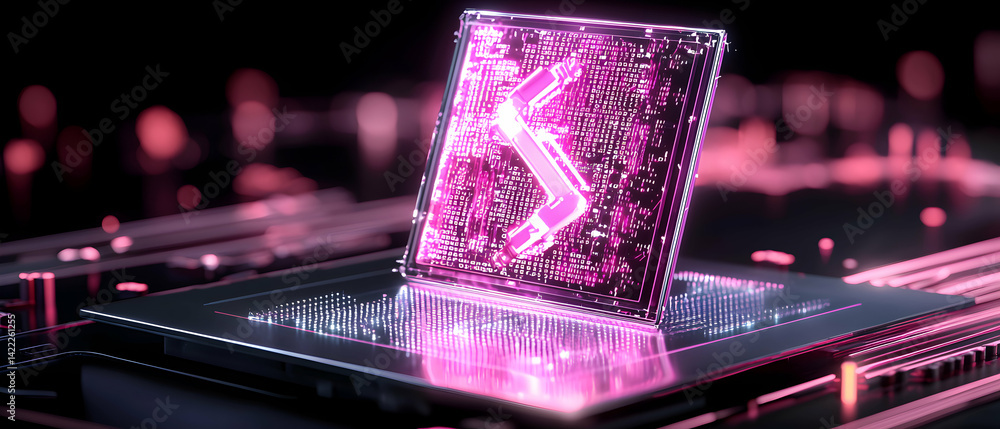 Poster a glowing computer chip in pink light. it represents advanced technology or the future of computing.
