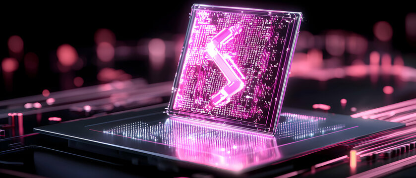 A glowing computer chip in pink light. It represents advanced technology or the future of computing. Could be used to illustrate articles on AI or data processing.