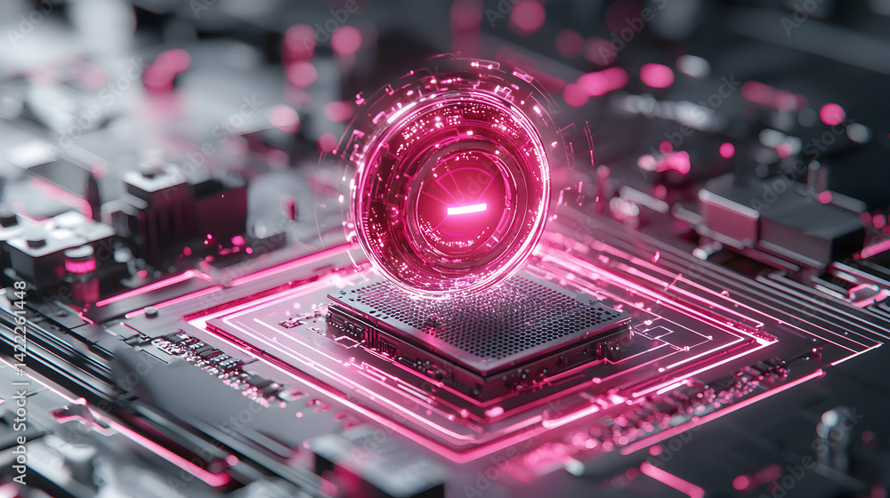 Poster an abstract futuristic image of a cpu on a circuit board. the image evokes data processing and digit