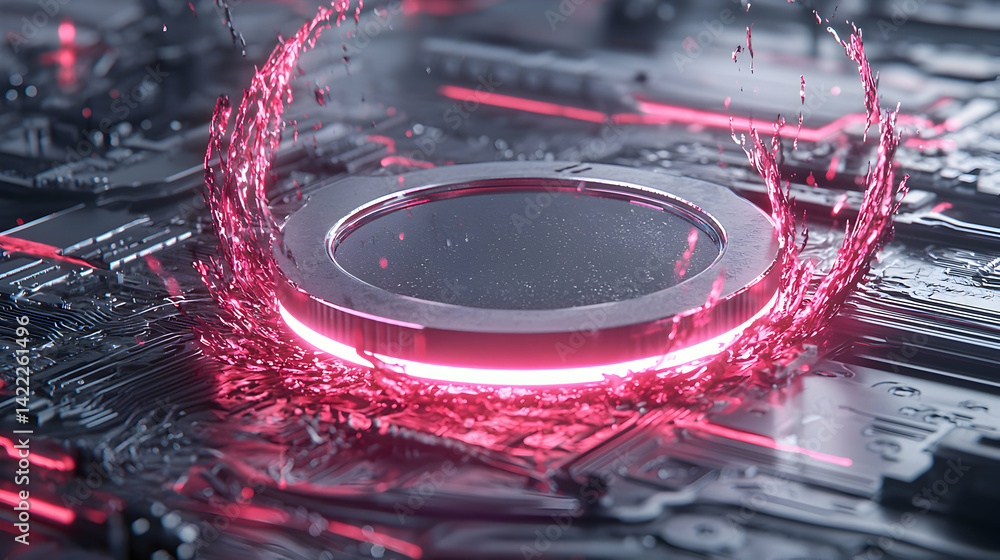 Aufkleber an abstract digital art piece showcasing a glowing circuit board element with liquid effects. the im