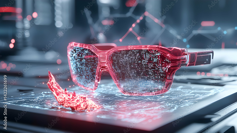Poster futuristic red glasses on a tech surface. the image suggests ar vr or data visualization. use it to 
