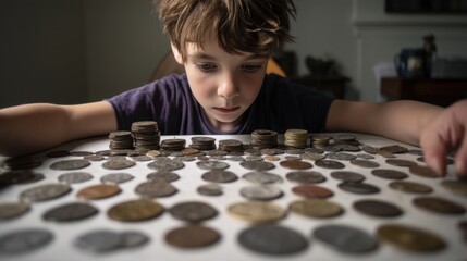 Intrigued child exploring collection of coins high angle close up photography