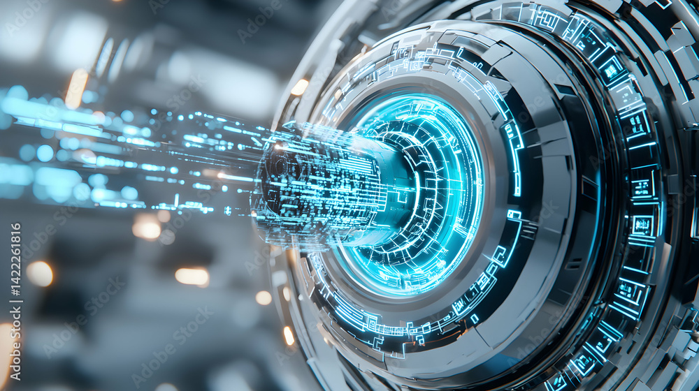 Poster futuristic tech eye with glowing blue details. suggests advanced technology data transfer or artific