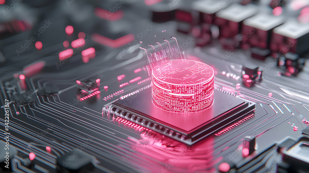 Poster a futuristic image of a circuit board with a glowing processor. ideal for technology websites or pre