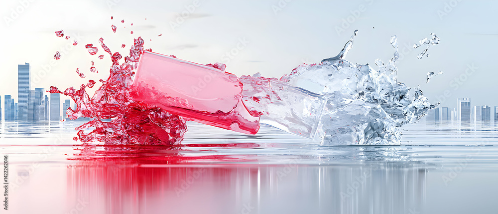 Poster an artistic image depicts two glasses pouring vibrant liquids. one red the other clear creating dyna