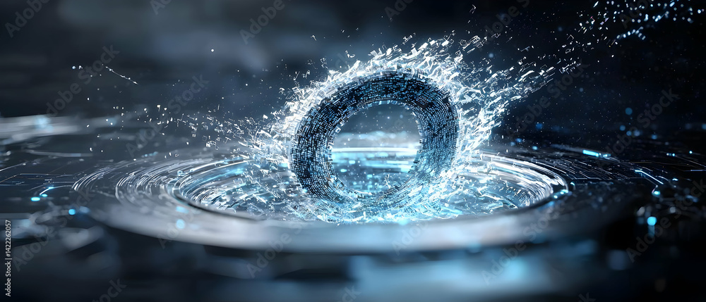 Poster abstract digital art showcasing a glowing ring with fragmented particles suggesting data transfer or