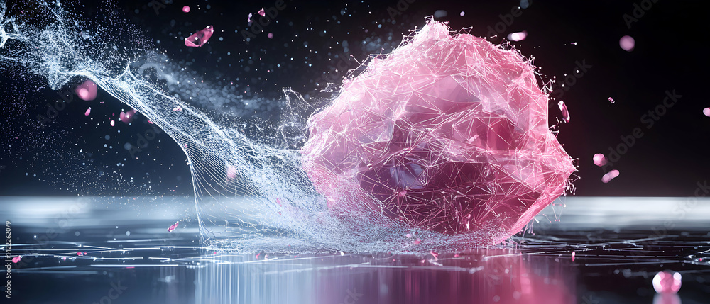 Aufkleber abstract digital art depicting an explosion or disintegration of a pink translucent structure. sugge
