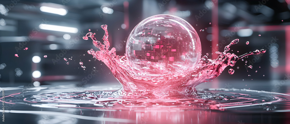 Poster a futuristic image of a sphere encased in splashing water with a digital cityscape reflected inside.